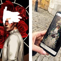 Two images, the first one is an illustration of Doctor Gabriel Glas. His face is obscured. In the second image, a person who is on a walking tour is holding a smartphone. On the screen, a puzzle is visible