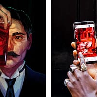 Two images, where the first is an illustration of Dr Jekyll holding a glass of red liquid in front of his face. In the second image, a person who is on a walking tour is holding a smartphone in their hand. On the screen, a puzzle is visible