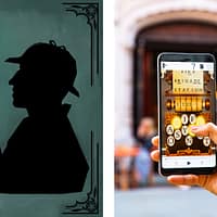 Two images, the first one is an illustration of Sherlock Holmes holding up a blue jewel. In the second image, a person on a walking tour is holding up a smartphone. On the screen, a puzzle is visible