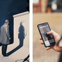 Two images, where the first is an illustration of Kurt Wallander standing in front of a photo screen, with his back turned towards us. In the second image, a person is on a walking tour, holding a smartphone in his hand. On the screen, a puzzle is visible