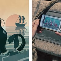 Two images, the first one is an illustration of The Little Mermaid sitting on her rock, looking out at the sea. In the second image, a person on a walking tour is holding up their smartphone. On the screen, a puzzle is visible