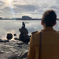 A woman in a yellow coat is looking at The Little Mermaid statue