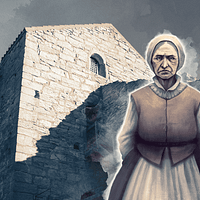 An animated image of an old woman dressed in old-fashioned clothing. She has a somber look on her face. In the background is the Kajsarn prison tower.