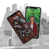 Two mobile phone screens, one with an image of a woman in a brown cardigan, and another of a torn up photo