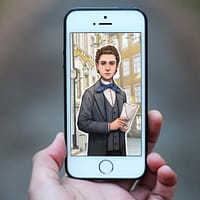 A close up of a mobile phone. On the screen is an illsutration of a young boy wearing 1800's clothes