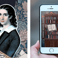 This image is split in the middle. On the left is a portrait image of Wendela, with dark hair and a blue dress. On the right is a smartphone screen, with an illustration of Wendela's bookcase