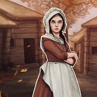 a drawing of a girl from the 1600's. She is wearing a brown dress and a white bonnet and apron. She has her arms crossed and looks at you with a determined stare.