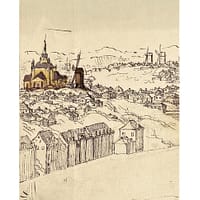 An old illustration of the Södermalm skyline, with a church and windmil shown in color.