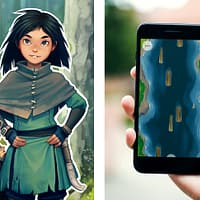 A collage image. On one side is an illustartion of Eila, the Lycksele guide, wearing green clothes from the 1700's. On the other side is a mobile phone, with a log driving game visible on screen.