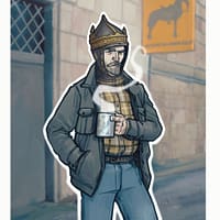 An image of Glenn the ghost wearing the Gustav Vasa war helmet while holding a cup of coffee