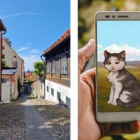 A split screen of a narrow street in Visby, and of a hand holding a mobile phone. On the screen is an animated image of a white and grey cat.