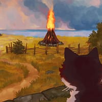An illustration of burning warning fires placed across the Gotland landscape. In the foreground, a grey and white cat is visible.
