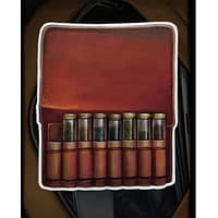 An illustration of a an old pouch filled with small glass containers full of various herbs.