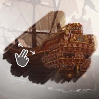 An illustration of the Vasa ship. The ship is covered in a fog effect and a finger is wiping the fog away.