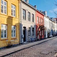 A photo of one of the street in the Nyboder area of Copenhagen. Low. colorful stone house line a narrow cobble stone street with plants and trees along the sidewalk.
