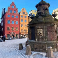 A photo of the Stortorgsbrunnen well in Stockholm's Old town. The well is made of stone and decorated with grotesque creatures. Surrounding the square are old, colorful buildings.