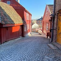 A photo of the old wooden houses at Damstredet in Oslo. Red houses are crowded along a narrow cobblestone street.