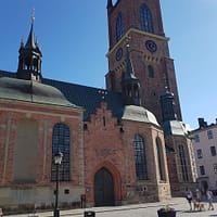 A photo of the Riddarholmen church in Stockholm. The church is a large, gothic, red brick building with green copper towers.
