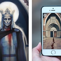 An image divided in two. To the left is an illustration of the ghost of Saint Erik, with blood coming from his neck. On the right is a hand holding a smartphone. on the screen is an image of Uppsala cathedral.