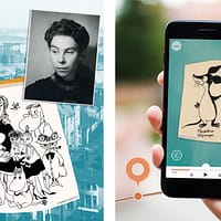 Collage of portrait of Tove Jansson, her art, historic photo of Helsinki and a mobile phone on location