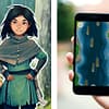 A collage image. On one side is an illustartion of Eila, the Lycksele guide, wearing green clothes from the 1700's. On the other side is a mobile phone, with a log driving game visible on screen.