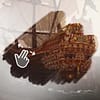 An illustration of the Vasa ship. The ship is covered in a fog effect and a finger is wiping the fog away.
