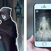 A split image with an illustration of a ghoul dressed in a black cloak on the left side, and on the right is a closeup of a hand holding a smartphone. on the screen is an illustration of the White Lady ghost.