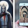 An image divided in two. To the left is an illustration of the ghost of Saint Erik, with blood coming from his neck. On the right is a hand holding a smartphone. on the screen is an image of Uppsala cathedral.