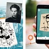Collage of portrait of Tove Jansson, her art, historic photo of Helsinki and a mobile phone on location