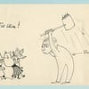 Drawing by Tove Jansson showing her threatening the moomin characters with a hammer