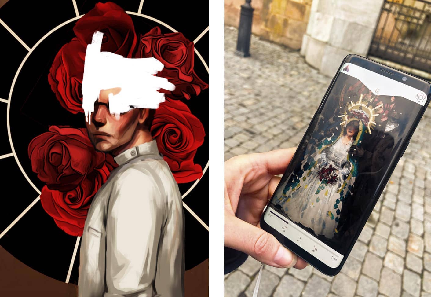 Two images, the first one is an illustration of Doctor Gabriel Glas. His face is obscured. In the second image, a person who is on a walking tour is holding a smartphone. On the screen, a puzzle is visible
