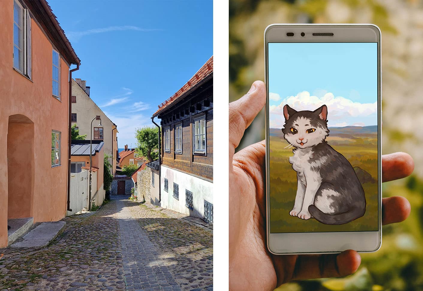 A split screen of a narrow street in Visby, and of a hand holding a mobile phone. On the screen is an animated image of a white and grey cat.