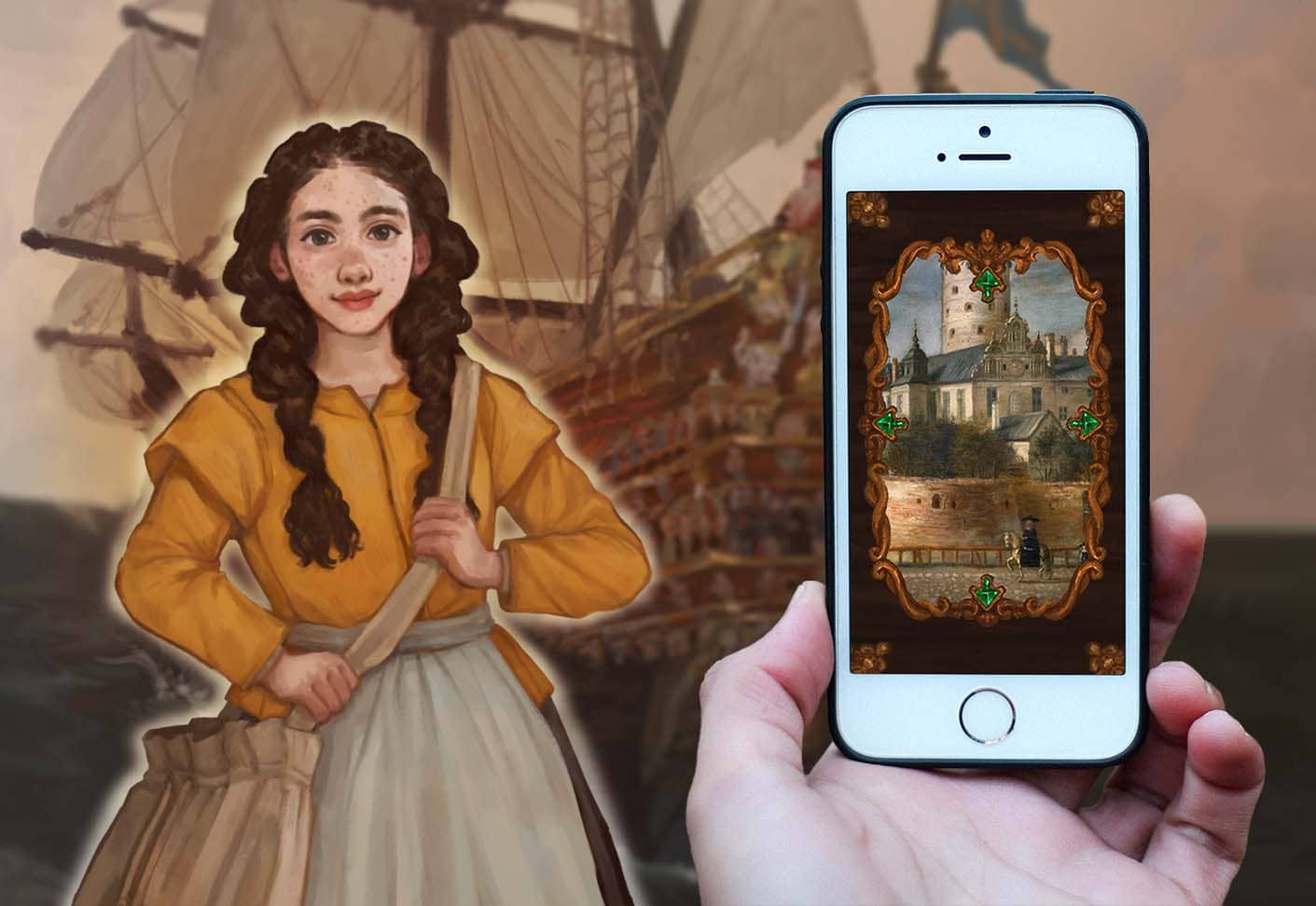 An illustration of Agnes with the Vasa ship in the background. A hand is holding a mobile phone, on the screen is a painting of the royal palace.