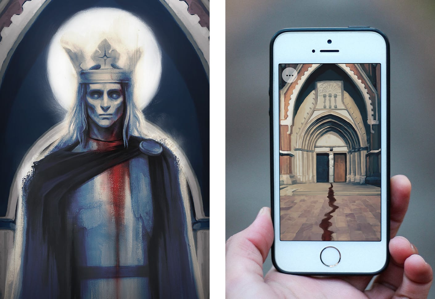 An image divided in two. To the left is an illustration of the ghost of Saint Erik, with blood coming from his neck. On the right is a hand holding a smartphone. on the screen is an image of Uppsala cathedral.