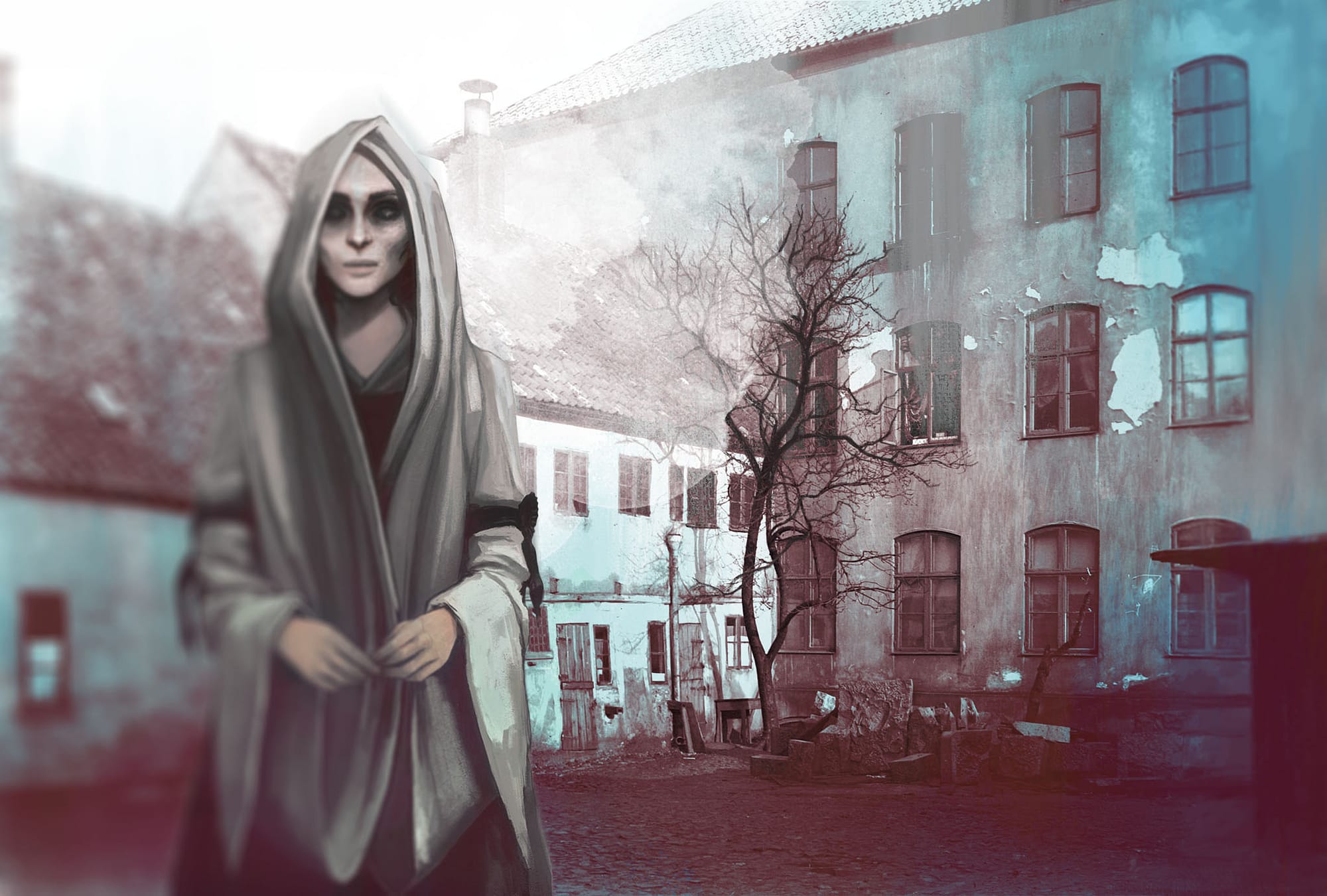 An illustration of Karna Möller in her ghost form. She is wearing a white cloak and have dark eyes.