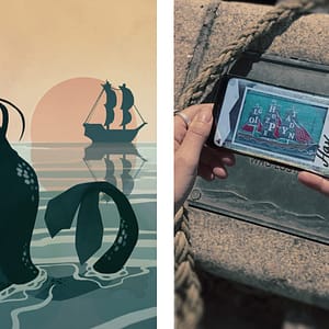 Two images, the first one is an illustration of The Little Mermaid sitting on her rock, looking out at the sea. In the second image, a person on a walking tour is holding up their smartphone. On the screen, a puzzle is visible