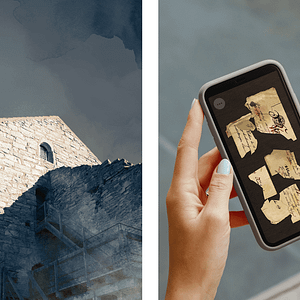 An image of the Kajsarn prison tower in Visby. Next to it is a woman's hands, holding a smartphone with a puzzel of a torn up letter on the screen