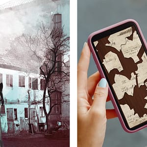 A split image with a ghost on one side and a closeup of a mobile phone on the other side. On the phone screen is a puzzle of a torn document