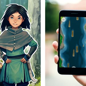 A collage image. On one side is an illustartion of Eila, the Lycksele guide, wearing green clothes from the 1700's. On the other side is a mobile phone, with a log driving game visible on screen.