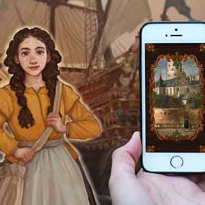 An illustration of Agnes with the Vasa ship in the background. A hand is holding a mobile phone, on the screen is a painting of the royal palace.