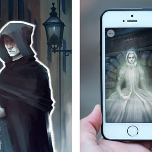 A split image with an illustration of a ghoul dressed in a black cloak on the left side, and on the right is a closeup of a hand holding a smartphone. on the screen is an illustration of the White Lady ghost.
