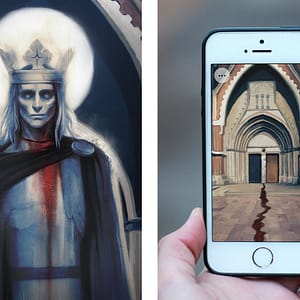 An image divided in two. To the left is an illustration of the ghost of Saint Erik, with blood coming from his neck. On the right is a hand holding a smartphone. on the screen is an image of Uppsala cathedral.