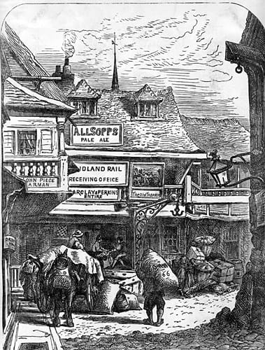 A black and white illustration of what the Tabard Inn looed like in the 1850's