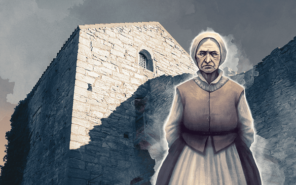 An animated image of an old woman dressed in old-fashioned clothing. She has a somber look on her face. In the background is the Kajsarn prison tower.