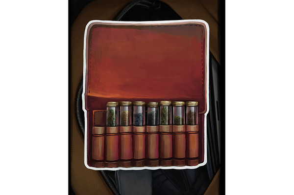 An illustration of a an old pouch filled with small glass containers full of various herbs.