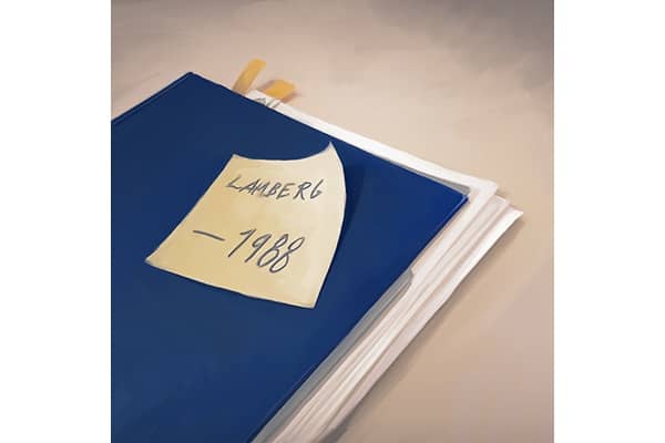 An image of an evidence folder. On it is a postit that says "Lamberg 1988"