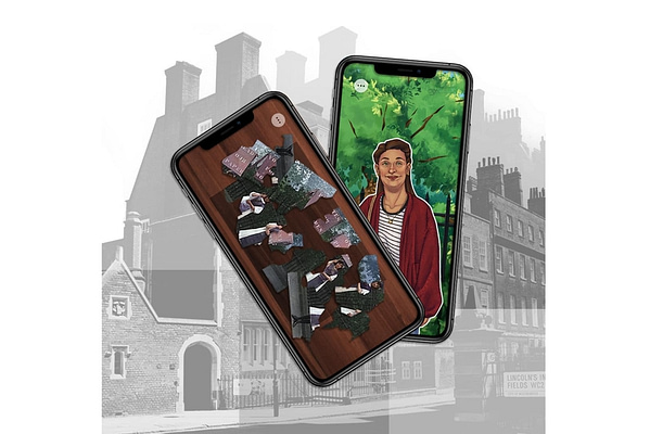 Two mobile phone screens, one with an image of a woman in a brown cardigan, and another of a torn up photo