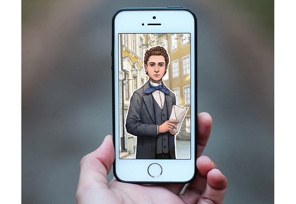 A close up of a mobile phone. On the screen is an illsutration of a young boy wearing 1800's clothes