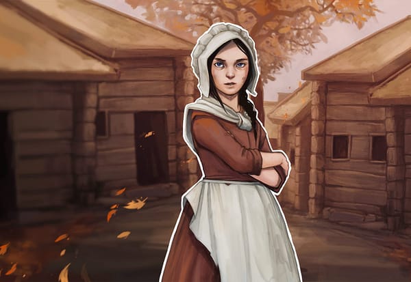 a drawing of a girl from the 1600's. She is wearing a brown dress and a white bonnet and apron. She has her arms crossed and looks at you with a determined stare.