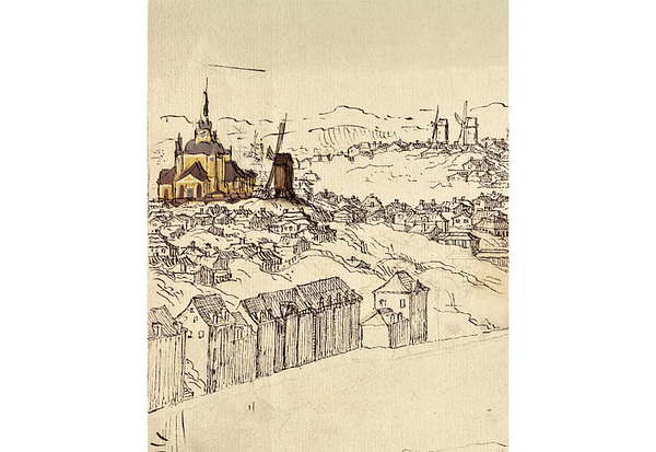 An old illustration of the Södermalm skyline, with a church and windmil shown in color.
